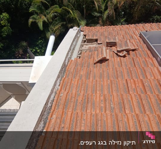 גג רעפים עם רעפים שבורים ועצים ברקע